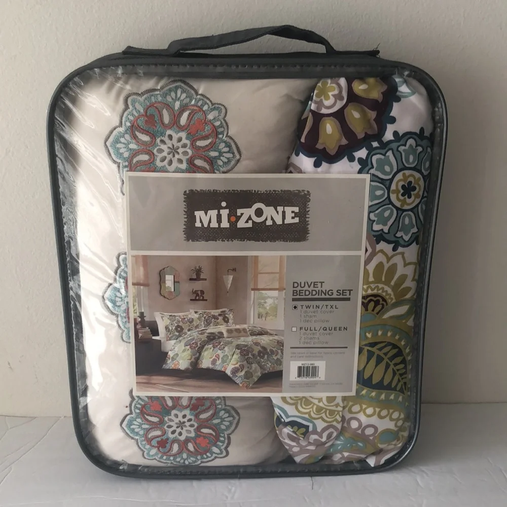 Mi Zone Duvet 3 pc Set Multi Color Floral & Medallions Print Twin Blue Red Green